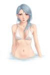 1girl 1girl asymmetrical_hair atlus bikini brown_eyes cleavage collarbone earrings female_focus grey_hair high_res jewelry looking_at_viewer miura-n315 navel parted_lips partially_submerged persona persona_5 ripples sae_niijima sega silf simple_background small_breasts stomach swimsuit upper_body water white_background white_bikini