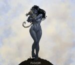 1girl 1other barefoot black_hair breasts carrying closed_eyes cloud collarbone completely_nude completely_nude_female day feet female_focus flook flook_(artist) full_body goblin goblin_female grey_lipstick grey_skin grin hair_between_eyes happy hugging legs legs_together lips lipstick long_hair makeup medium_breasts monster_girl mound_of_venus mountain navel neck nipples nude nude_female original original_character outdoor_nudity outside parted_lips pointy_ears pussy shaved_pussy sky smile standing straight_hair thighs uncensored