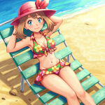 1girl alluring bare_legs beach bikini blue_eyes brown_hair may may_(pokemon) medium_breasts nintendo ocean pokemon pokemon_(anime) recliner sea stark-astrea sun_hat toei_animation viz_media