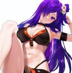 1girl alluring big_breasts bikini black_bikini breasts cleavage commentary fire_emblem fire_emblem:_three_houses fire_emblem_heroes fire_emblem_warriors:_three_hopes flower hair_flower hair_ornament hair_over_one_eye high_res intelligent_systems jewelry jurge long_hair necklace nintendo official_alternate_costume purple_eyes purple_hair shez_(fire_emblem) shez_(summer)_(fire_emblem) simple_background sitting smile swimsuit