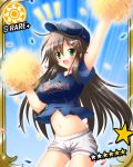 1girl arm_up baseball_cap baseball_uniform big_breasts blush breasts brown_hair cinderella_girls_card_parody clothes_writing green_hair hair_ornament hairclip hat himekawa_yuki idolmaster idolmaster_cinderella_girls large_breasts long_hair midriff navel open_mouth osashin_(osada) parody pom_poms shiny shiny_skin short_shorts shorts smile solo sportswear sun_(symbol) world_baseball_classic