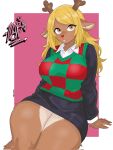 1girl 1girl animal_ears antlers big_breasts big_breasts blonde_hair breasts brown_eyes checkered deer_ears deltarune drawlab33t furry horns long_hair long_sleeves looking_at_viewer noelle_holiday pencil_skirt shirt sitting skirt tagme thick_thighs thighs undertale_(series)