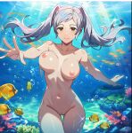 1girl alluring brown_eyes cleavage completely_nude_female fire_emblem fire_emblem_awakening fire_emblem_warriors fish intelligent_systems medium_breasts nightcore_(artist) nintendo nude ocean pin_up pussy robin_(fire_emblem) robin_(fire_emblem)_(female) silver_hair skinny_dipping swimming underwater