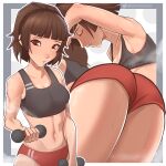 1girl 1girl absurd_res alluring ass atlus black_shirt border brown_hair buruma cleavage closed_eyes crop_top dumbbell exercising female_focus greencash high_res makoto_niijima megami_tensei midriff multiple_views narrow_waist navel persona persona_5 red_buruma red_eyes sega shirt short_hair sidelocks silf small_breasts sportswear steam sweat toned toned_female twitter_username