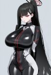 ai_generated black_hair blue_archive bodysuit huge_breasts looking_at_viewer mommy pale_skin perfect_body red_eyes rio_tsukatsuki_(blue_archive) skin_tight tight_clothing truck-kun_art wide_hips