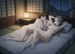 2_girls alluring atlus bare_breasts bed bedroom blush braided_hair brown_hair grey_hair hairclip incest makoto_niijima night nightcore_(artist) nipples persona persona_5 red_eyes sae_niijima sega silf silfs sister sister_and_sister sisters teen yuri