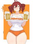 1girl ahoge alcohol beer big_breasts big_thighs blush breasts clothed clothing drawlab33t drill_hair drunk hooters hooters_uniform hourglass_figure huge_breasts huge_thighs kasane_teto large_thighs looking_at_viewer red_eyes red_hair short_shorts shorts slim_waist tank_top thick thick_thighs thighs tight_clothing twin_drills twin_tails utau vocaloid voluptuous voluptuous_female wide_hips