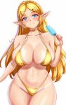 1girl 1girl alluring alternate_breast_size anisdrawn big_breasts bikini blonde_hair blue_eyes cleavage gold_bikini light-skinned_female light_skin long_hair naughty_face nintendo pointy_ears princess_zelda simple_background smile tan tan_line tan_line the_legend_of_zelda the_legend_of_zelda:_tears_of_the_kingdom thick_thighs wide_hips