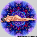 1girl alluring barefoot big_breasts blue_hair breasts_squeezed_together completely_nude_female curvy full_body igawa_asagi kagami_hirotaka lilith-soft long_hair looking_at_viewer lying nipples nude on_side shiny_skin smile sweat taimanin_(series) taimanin_asagi wide_hips