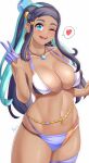 1girl 1girl 1girl alluring anisdrawn artist_name background big_breasts bikini blue_eyes blue_gloves blush blush breasts clothed clothing dark-skinned_female dark_skin earrings female_focus female_only gloves gym_leader heart long_hair looking_at_viewer necklace nessa_(pokemon) nintendo open_mouth pokemon solo_female solo_focus speech_bubble summer swimsuit tagme teeth v_sign white_background wink