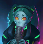 1girl 2d :>= blowjob_face bumpy_penis cd_projekt_red cyberpunk:_edgerunners cyberpunk_2077 dark-skinned_male dark_skin fellatio green_hair justsomenoob lipstick male oral oral_sex penis rebecca_(edgerunners) straight studded_penis sunken_cheeks vacuum_fellatio white-skinned_female white_skin