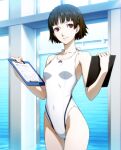 1girl accurate_art_style alluring atlus bare_legs bikini holding_clipboards makoto_niijima medium_breasts monica_ski one-piece_bikini persona persona_5 pin_up sega silf