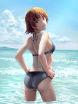 1girl alluring atlus big_breasts bikini blue_sky brown_hair crimson_eyes hikaru_akatsuki makoto_niijima ocean persona persona_5 pin_up sega