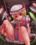  1girl barefoot blonde_hair blood fang feet female flandre_scarlet hat konnyaku konnyaku_(kk-monmon) red_eyes short_hair side_ponytail skirt skirt_set skull smile soles solo toe_scrunch toes touhou wings 