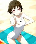 1girl accurate_art_style alluring atlus bare_legs beach beach_towel bikini makoto_niijima medium_breasts monica_ski one-piece_bikini persona persona_5 pin_up sega silf