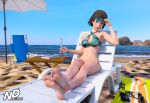 1girl alluring atlus bare_arms bare_legs bare_shoulders barefoot beach beach_towel beach_umbrella bikini blue_sky brown_hair champagne_flute cup drinking_glass feet feet_together female_focus flip-flops foot_focus high_res makoto_niijima navel necdaz91 ocean persona persona_5 sandals sega shoes short_hair silf sky soles sunglasses sunglasses_on_head swimsuit toes towel umbrella unworn_shoes watermark