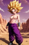 1girl blonde_hair caulifla dragon_ball_super green_eyes medium_breasts muscular_female nekom14 nipples no_shirt purple_pants super_saiyan_2 topless
