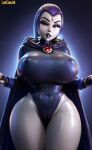 1girl 1girl 3d 3d_(artwork) abstract_background ai_generated ass big_breasts black_lipstick breasts cameltoe cape curvaceous curvy curvy_female curvy_figure forehead_jewel goth_girl grey_body grey_skin high_res hourglass_figure leotard lipstick looking_at_viewer lucasai nipple_bulge purple_eyes purple_hair rachel_roth raven_(dc) short_hair solo_female solo_focus standing teen_titans thick_thighs tight_clothing wide_hips