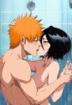 bleach couple_(romantic) french_kiss ichigo_kurosaki ichiruki intimate novelai rukia_kuchiki shower_head showering_together small_breasts