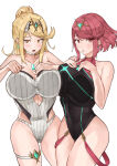 2_girls absurd_res against_fourth_wall alluring big_breasts bikini black_one-piece_bikini blonde_hair bob_cut breast_press choker clothing_cutout commentary_request covered_navel cowboy_shot earrings gem green_gem high_res hip_vent jewelry long_hair looking_at_viewer multiple_girls mythra_(radiant_beach)_(xenoblade) mythra_(xenoblade) official_alternate_costume one-piece_bikini open_mouth parted_lips ponytail pyra_(pro_swimmer)_(xenoblade) pyra_(xenoblade) red_eyes red_hair short_hair simple_background strapless strapless_one-piece_bikini swept_bangs swimsuit thigh_strap tiara wet white_background white_choker white_one-piece_bikini xenoblade_(series) xenoblade_chronicles_2 yellow_eyes yotsuha_uni