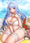 1girl alluring bare_legs beach big_breasts blue_hair cleavage fire_emblem fire_emblem_heroes heidrun_(fire_emblem) heidrun_(summer)_(fire_emblem) intelligent_systems katou_shinobu nintendo ocean on_knees red_eyes