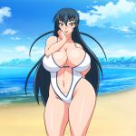1girl absurdres alluring beach big_breasts bikini highres igawa_asagi ocean solo swimsuit taimanin_(series) taimanin_asagi teal_hair yeezusdraw