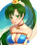 1girl 1girl alluring bikini blue_bikini blush cleavage cleavage_cutout clothing_cutout female_focus fire_emblem fire_emblem:_the_blazing_blade fire_emblem_heroes fire_emblem_warriors flower green_eyes green_hair intelligent_systems jurge long_hair looking_at_viewer lyn lyn_(fire_emblem) lyn_(lady_of_the_beach)_(fire_emblem) lyndis lyndis_(fire_emblem) nintendo official_alternate_costume outside_border ponytail simple_background smile strapless strapless_bikini swimsuit v-shaped_eyebrows