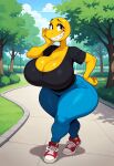  bald, black blue chest, female, hips, huge jeans pants, red shirt, skin, sneakers solo, thick thighs, wide yellow 