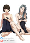  2_girls alluring atlus big_breasts brown_eyes brown_hair clothed_female_nude_female crimson_eyes excaliblader makoto_niijima naked_towel persona persona_5 sae_niijima sega silf silfs silver_hair towel_only towels 