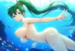 1girl alluring bare_legs completely_nude_female fire_emblem fire_emblem:_the_blazing_blade fire_emblem_warriors green_hair intelligent_systems lyn lyn_(fire_emblem) lyndis lyndis_(fire_emblem) nightcore_(artist) nintendo nude ocean ponytail pussy skinny_dipping teal_eyes underwater