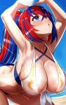 1girl alear_(female)_(fire_emblem) alear_(female)_(seaside_dragon)_(fire_emblem) alear_(fire_emblem) alluring beach big_breasts blue_eyes blue_hair blush breasts female_alear_(seaside_dragon)_(fire_emblem) fire_emblem fire_emblem_engage heterochromia high_res intelligent_systems long_hair multicolored_hair nintendo ocean official_alternate_costume open_mouth ponytail red_eyes red_hair swimsuit tongari water wet
