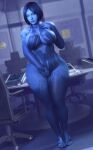 1girl 1girl 1girls 2022 3d artificial_intelligence barefoot big_breasts big_breasts biped blue_body blue_eyes blue_hair breasts chains cortana covering_crotch curvaceous curvy curvy_female curvy_figure detailed_background evolluisionist feet female_only furniture halo_(series) humanoid looking_at_viewer navel short_hair standing thick_thighs voluptuous wide_hips