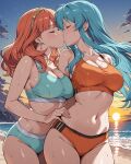 2_girls accurate_art_style alluring beach bikini celica_(fire_emblem) closed_eyes eirika_(fire_emblem) fire_emblem fire_emblem:_the_sacred_stones fire_emblem_echoes:_shadows_of_valentia fire_emblem_warriors intelligent_systems kissing medium_breasts ocean sunset yuriship.art