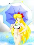 1girl adult_swim alluring beach beach_umbrella bikini bishoujo_senshi_sailor_moon bishoujo_senshi_sailor_moon_r bishoujo_senshi_sailor_moon_r_the_movie bishoujo_senshi_sailor_moon_s bishoujo_senshi_sailor_moon_s_the_movie bishoujo_senshi_sailor_moon_supers bishoujo_senshi_sailor_moon_supers_the_movie blonde_hair blue_eyes blue_sky holding holding_umbrella medium_breasts minako_aino ocean one_eye_closed silverlegends sky swimsuit toei_animation toonami umbrella viz_media wink