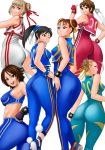 ass asuka_(senran_kagura) asuka_kazama big_ass black_hair blonde_hair bracelet brown_hair cammy_white capcom chinese_clothes chun-li chun-li_(cosplay) crossover double_bun emilie_de_rochefort high_res huge_ass jewelry ling_xiaoyu looking_back namco sakura_kasugano smile solid_air street_fighter street_fighter_zero tekken thumbs_up twin_tails unitard