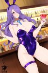 1girl 1girl alcohol alluring animal_ears artist_logo bar_(place) bare_shoulders between_breasts big_breasts blue_necktie blurry blurry_background camilla_(fire_emblem) closed_mouth cup detached_collar drinking_glass fake_animal_ears fire_emblem fire_emblem_fates fire_emblem_warriors hair_over_one_eye hairband high_res highleg highleg_leotard holding holding_cup intelligent_systems kaos_art leotard logo long_hair neck_tie necktie_between_breasts nintendo playboy_bunny purple_eyes purple_hair purple_hairband purple_leotard purple_nails rabbit_ears skindentation smile thigh_strap thighs wavy_hair wine_glass