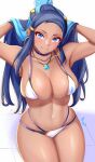 1girl 1girl 1girl alluring alternate_skin_color anisdrawn bare_shoulders big_breasts bikini blue_choker blue_eyes blue_hair blush choker commentary cowboy_shot creatures_(company) dark_skin earrings female_only forehead game_freak high_res hoop_earrings jewelry long_hair looking_at_viewer navel nessa_(pokemon) nintendo pokemon pokemon_ss shiny_thighs smile stomach swimsuit thick_thighs thighs thighs_together very_long_hair white_bikini whitewashed