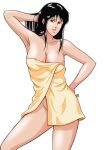 1girl adjusting_hair arm_up armpits bare_arms bare_legs bare_shoulders big_breasts black_eyes black_hair breasts cat's_eye cleavage collarbone contrapposto female_only female_solo grin hand_on_hip kisugi_hitomi legs long_hair looking_at_viewer mound_of_venus naked_towel naughty_face neck parted_lips pose posing simple_background smile standing straight_hair thick_thighs thighs towel white_background yellow_towel