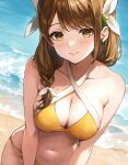 1girl 1girl absurd_res alluring alternate_costume beach big_breasts bikini blush braid brown_hair cleavage commentary curvy dot_nose fire_emblem fire_emblem_engage flower goldmary_(fire_emblem) hair_flower hair_ornament hair_ribbon high_res intelligent_systems jurge light_smile looking_at_viewer mole mole_on_breast navel nintendo ocean outside ribbon side_braid swimsuit water yellow_bikini yellow_eyes