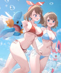 1girl 2_girls absurd_res alluring arukiru big_breasts bikini blue_bikini blue_eyes blue_sky blush bow bow_hairband brown_hair bubble cloud commentary_request commission day feet_out_of_frame hairband hand_on_own_chest high_res looking_at_another may may_(pokemon) mizugorou mudkip multiple_females multiple_girls navel nymphia open_mouth outside outstretched_arms pokemon red_bikini red_bow red_hairband serena serena_(pokemon) short_hair side-tie_bikini_bottom skeb_commission sky smile standing string_bikini swimsuit sylveon