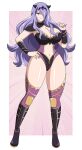 1girl 1girl absurd_res abysswatchers alternate_costume armpits big_breasts boots border camilla_(fire_emblem) cleavage commentary commission demon_horns dotted_background english_commentary fire_emblem fire_emblem_fates fire_emblem_warriors full_body gluteal_fold hair_ornament hair_over_one_eye high_res horns intelligent_systems long_hair looking_at_viewer midriff navel nintendo pink_background purple_eyes purple_hair red_eyes sidelocks simple_background smile stomach thick_thighs thighs tiara very_long_hair wavy_hair white_border