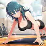 1girl alluring athletic_female big_breasts byleth_(fire_emblem) byleth_(fire_emblem)_(female) cleavage dumbbell female_abs fire_emblem fire_emblem:_three_houses fit_female gym gym_shorts intelligent_systems nicado nintendo push-ups sports_bra teal_eyes teal_hair working_out