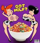 1girl 2_girls auburn_hair betty_rubble big_breasts black_hair breakfast breasts cereal cow_print english_text exposed_breasts female_focus female_only got_milk hanna-barbera huge_breasts looking_at_viewer mature mature_female milf milf nipples text the_flintstones toony vaz0v voluptuous voluptuous_female warner_bros warner_brothers wilma_flintstone