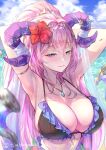 1girl 1girl alluring armlet arms_behind_head beach big_breasts bikini black_bikini blue_gemstone blue_sky cleavage cloud cloudy_sky curled_horns fire_emblem fire_emblem_heroes flower gem goat_horns gold_armlet golden_armlet hair_flower hair_ornament horns intelligent_systems jewelry large_horns light_blush long_hair mature_female necklace nerthuz_(fire_emblem) nerthuz_(summer)_(fire_emblem) nintendo ocean official_alternate_costume outside pink_hair ponytail purple_eyes purple_horns sand sideboob sky smile swimsuit t_misaomaru twitter_username upper_body very_long_hair