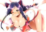 1girl ahri animal_ears bad_id bare_shoulders braid breasts cleavage fox_ears fox_tail heart japanese_clothes jinichu korean_clothes league_of_legends long_hair multiple_tails one_eye_closed purple_hair single_braid solo tail wink yellow_eyes