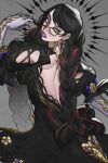 1girl 1girl absurd_res back back_cutout bayonetta bayonetta_(character) bayonetta_(series) bayonetta_3 big_breasts big_breasts black-framed_eyewear black_hair braid breasts commentary earrings elbow_gloves english_commentary eyelashes eyeliner from_behind glasses gloves grey_background grey_eyes high_res jewelry krow07 lipstick long_hair looking_at_viewer looking_back makeup mole mole_under_mouth multicolored_hair puffy_short_sleeves puffy_sleeves purple_eyeliner rectangular_eyewear red_hair short_sleeves shoulder_cutout twin_braids two-tone_hair very_long_hair white_gloves