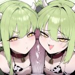 2_girls ai_generated blue_archive blush cow_print green_hair hikari_(blue_archive) huge_cock imminent_fellatio nozomi_(blue_archive) pale_skin penis_on_face pov small_breasts smug threesome truck-kun_art veiny_penis