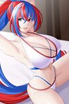 1girl :d alear_(female)_(fire_emblem) alear_(fire_emblem) alluring alternate_hairstyle aslind_samure aslindsamure bare_legs bed big_breasts bikini bikini_top blue_and_red_hair blue_eyes blue_hair cleavage dual_colored_hair fire_emblem fire_emblem_engage half_naked happy heterochromia intelligent_systems looking_at_viewer midriff navel nintendo on_bed open_mouth pin_up ponytail red_eyes red_hair sensual sexy_body sexy_pose silf smile tied_hair very_long_hair