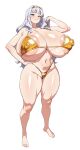 1girl 1girl areola_slip bare_shoulders big_breasts big_breasts curvy curvy_figure female_only full_body hands_on_hips high_res high_res huge_breasts idolmaster idolmaster_(classic) impossible_swimsuit jabara_tornado light-skinned_female long_hair looking_at_viewer navel plain_background shijou_takane shiny_skin simple_background white_hair yellow_bikini