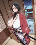 ai_generated bare_thighs black_hair bleach blue_eyes braided_ponytail gigantic_breasts huge_breasts huge_thighs japanese_clothes kaevren light-skinned_female light_skin looking_at_viewer massive_breasts mature_female milf solo_female thick_body thick_female thick_thighs thighs unohana_retsu voluptuous voluptuous_female